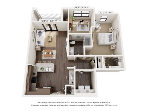 A1072 one bedroom floor plan of a bedroom with a bathroom